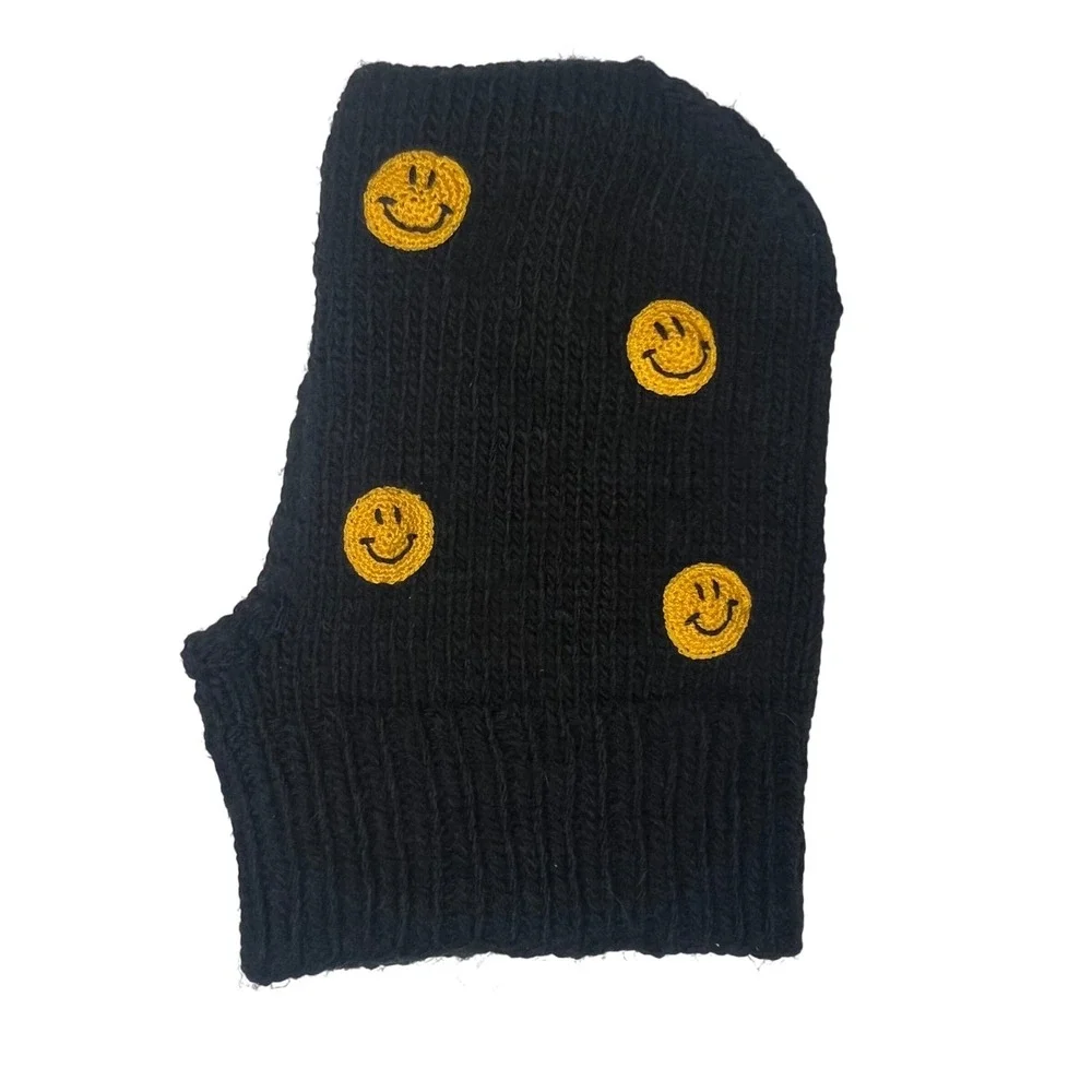 Daldandala Handmade Black Knit Balaclava Smiley‎ Face Yellow Crochet Applique